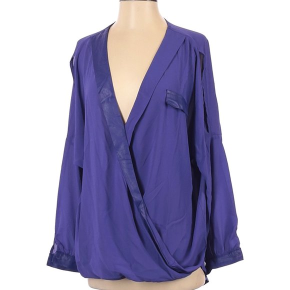 TOV Tops - NWOT TOV Purple Faux Leather Trim Cold-Shoulder Wrap Blouse Size 40 (L/XL)